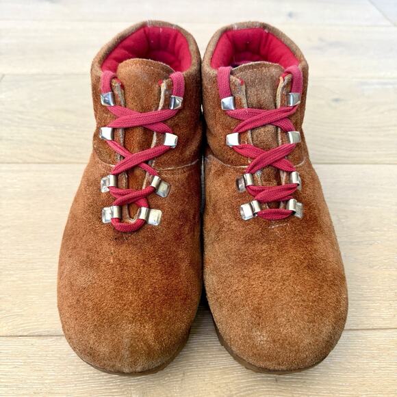 Vintage Brown Suede Hiking Boot red lining gum sole Wedge Lace Up Women 9 - Picture 2 of 10